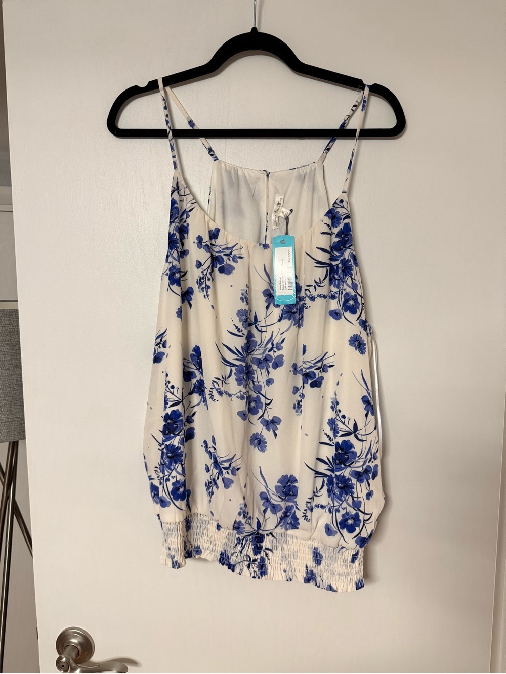 nine britton Blue Floral Smocked-Hem Spaghetti Strap Camisole